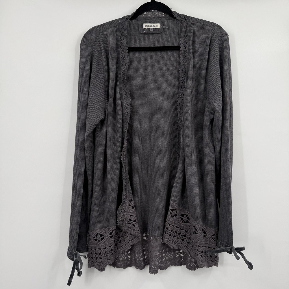 Paparazzi Cardigan Womens Medium Gray Waffle-Knit Open Crochet Lace Bow Tie